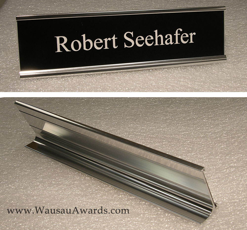brushed silver metal desk holder for a laser engraved nameplate